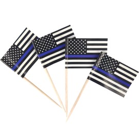 QQSD Thin Blue Line American Police Toothpick Flag Small Mini Cupcake Topper Flags, 100 pcs