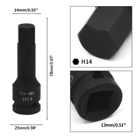 YXQ H14 (14mm) Hex Impact Bit Socket, 1/2-Inch Drive Allen Bit Socket, Hex Impact Socket, Cr-Mo Steel, Master Impact Hex Driver