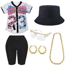 Gionforsy 80s 90s Outfit for Women, Hip Hop Rapper Costume Accessories Baseball Jersey Shirt Bucket Hat Yoga Pants Gold Chain (Black, Large)