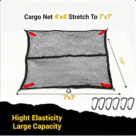 Single Layer Pickup Truck Bed Cargo Net - Stretchable 4'x4' to 7'x7', 1''x1'' High Elastic Fine Mesh with 8 Metal Carabiners for ATV, SUV, UTV, Truck & Boat