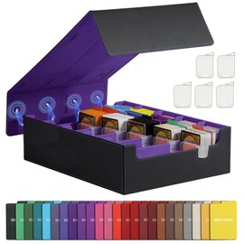 TiMOVO Trading Card Storage Box, 3750+ MTG Card Deck Box with 24 Colorful Dividers & 5 Card Supporters, 5 Rows Magnetic Leather Commander Deck Box Fits MTG Yugioh TCG Magic Game Cards, Black+Purple
