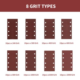 WeeGoo 80 Pieces Rectangular Sanding Sheets 1/3 Sheet Sandpaper for Electric Sander 93 x 185 mm Sander Sheets Hook and Loop Assorted 240/320/400/600/800/1000/1500/2000 Grits