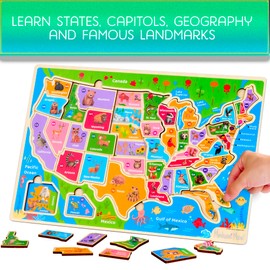 Montessori Mama Wooden Puzzles for Kids Ages 4-6, USA States and Capitols, World Continents and Oceans Kids Puzzles, Combo Set 2 Toddler Puzzles