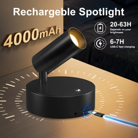 Kimjo Spot Lights Indoor, 4000mAh Rechargeable Battery LED Spotlight Indoor with Remote, Wireless Picture Lights with Timer Dimmable, Uplighting for Plant, Wall Art Display