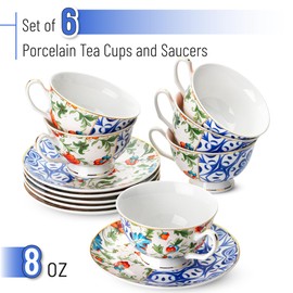 BTaT- Vintage Tea Cups and Saucers Set of 6 (8 oz), Porcelain Tea Cup Sets, Indigo Bloom Floral Design, Dishwasher Safe