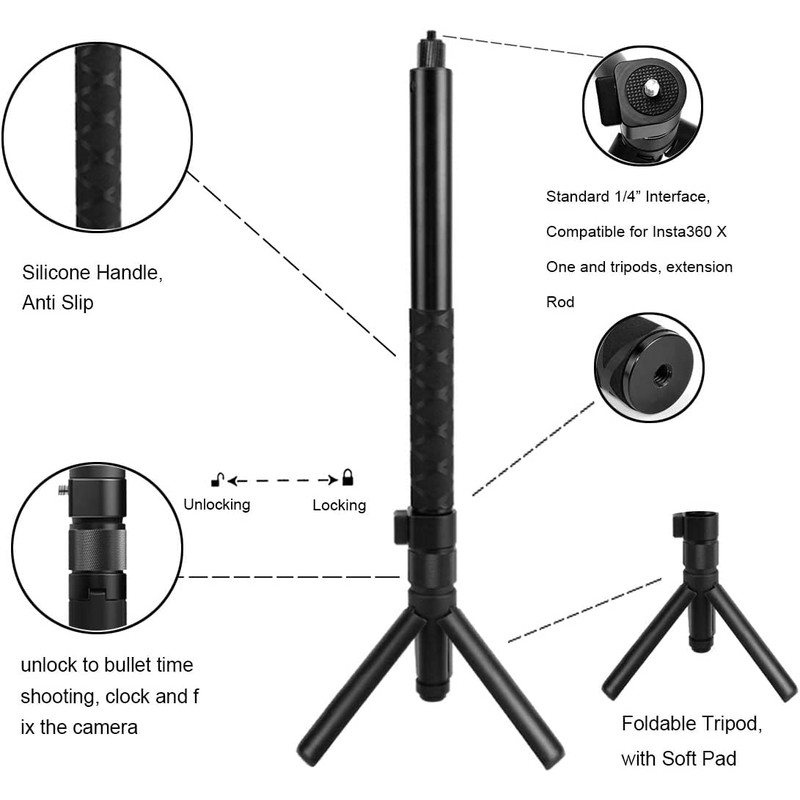 Selfie Stick Invisible Bullet Time Handle Kit with Foldable Tripod