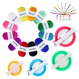 Pompom Maker Kits, Knitting Loom Kit Fluff Ball Weaver Needle Craft DIY Knitting Crochet Tool Kit, 4 PS Pompom Maker + 10 PS Knitting Stitch Marker + 10 PS Plastic Needles + 12 HP Acrylic Yarn (36)