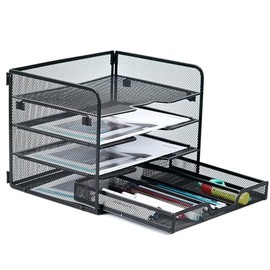 SETTFRFE Bandeja de papel de malla de 4 niveles, organizador de archivos de escritorio con un cajón deslizante, organizador de escritorio de suministr