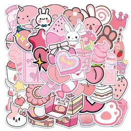 Pink Rabbit Heart Stickers for Water Bottles,Aesthetic Stickers,Kawaii Sticker Pack for Kids Girls,Laptop Phone Scrapbook Bike Luggage Skateboard Waterproof Decals 50 Pcs(Pink Rabbit)