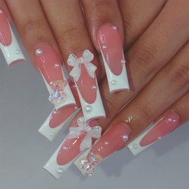 CEWEWP 24Pcs Long Square Press on Nails French Tip Fake Nails Bow with Pearl and Little Bear Design Acrylic Nails Full Cover False Nails Artificial Nails Glossy Glue on Nails Stick on Nails for Women