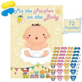 Hxezoc Pin The Pacifier On The Baby Game - Large Poster for Baby Shower Party, Kids Birthday Party Supplies - 72 Pacifier Stickers
