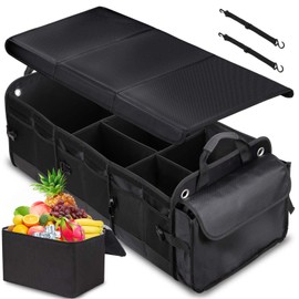 MOJIOO Large Trunk Organizer for Car, SUV, Truck with Removable Cooler Bag-Collapsible Multi Compartments w/Foldable Cover, Non Slip Bottom Cargo Storage (Black)