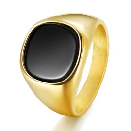 TRUMIUM 18K Gold Plated Signet Rings for Men Women Black Onyx inlay Gold Wedding Bands Lightweight Thick Statement Ring Comfort Fit Size 9