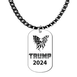 Trump 2024, American Flag Eagle Silvertone Dog Tag On A Black Anodized Box Necklace, 18-21 Inches, What A Wonderful Gift For Yourself, Or A Friend, Or A Family Member Or As A Donor Gift.Hypoallergenic