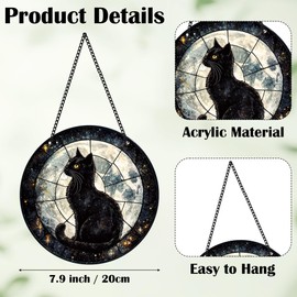 HlaitsWit Black Cat Sun Catcher - Black Cat Full Moon Acrylic Suncatcher Rainbow Maker Stained Glass Window Hanging Ornament Indoor Outdoor Decoration Home Garden Decor Chain Pendant Memorial Gifts