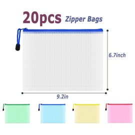 COWORK-UP 20Pcs Plastic Zip Wallets A5 Zipper Pouch Bags Mesh Organiser Bags for Home Office School Supplies or Travel Accessories