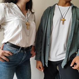Crosswonder Unisex Real Olive Wood Tapered Cross Necklace for Men & Women- Adjustable Leather Cord, Christian Gift & Jewelry Handcrafted Olive Wood Cross from the Sacred Lands of Mother Mary