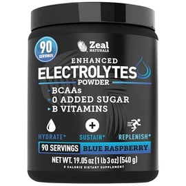 Zeal Naturals Suplemento De Electrolitos En Polvo Mejorado(Frambuesa Azul, 90 Unidades) Sin Azúcar, Con Bcaa Y Vitaminas B, Con Potasio, Zinc Y...    