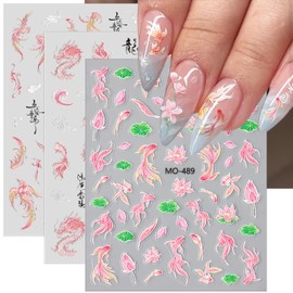 Koi Fish Nail Stickers Chinese Style Hand Drawn Loong Phoenix Nail Art Stickers 5D Embossed Nails Decals Pink Cute Dragon Nails Design Sticker Spring Summer Manicure Supplies for Women DIY 3Sheets