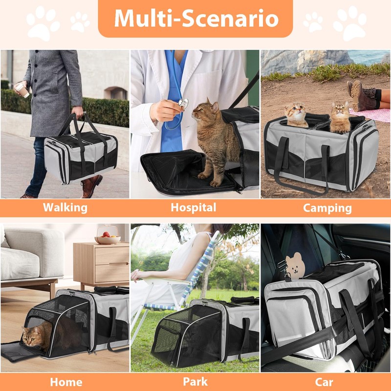 A.FATI Cat Carrier for 2 Cats, Grey 30lbs Capacity, Expandable