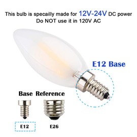 OPALRAY DC 12V-24V Power Input LED Candelabra Bulb, 6W Dimmable with 12VDC Dimmer, Warm White Light, E12 Candle Base, 60W Incandescent Equivalent, 12Volts Operated, Frosted Glass Torpedo Tip, 3 Pack
