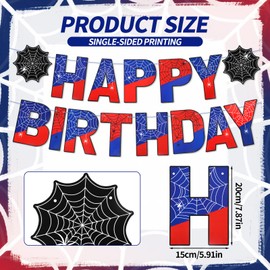 Spider Theme Happy Birthday Banner, Red and Blue Birthday Banner with Ribbon and Threader for DIY Hanging Party Backdrop