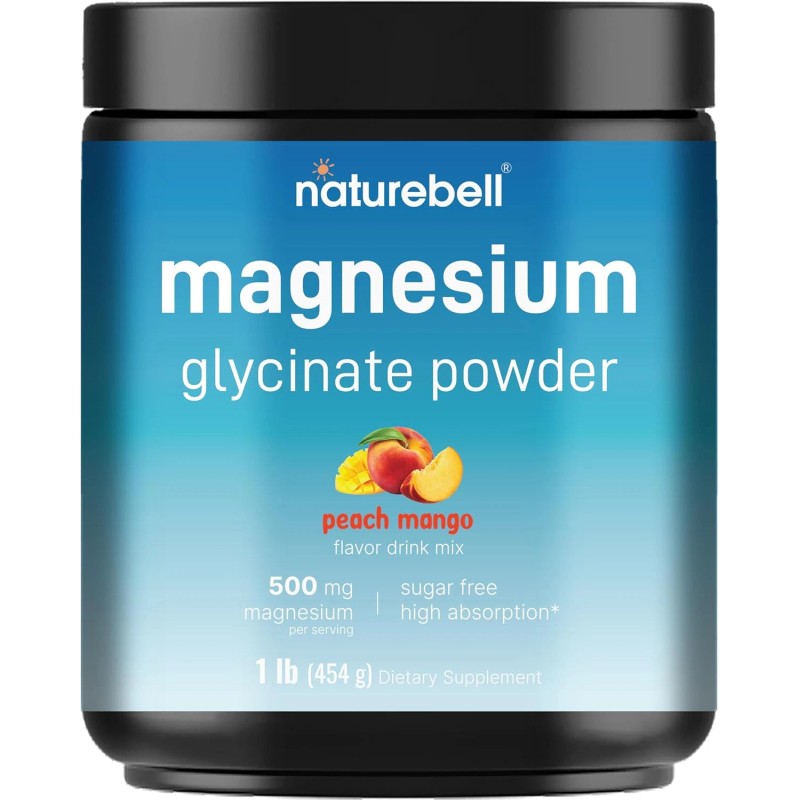 Naturebell Magnesium Glycinate Powder 500Mg, 1Lb Peach Mango Flavor