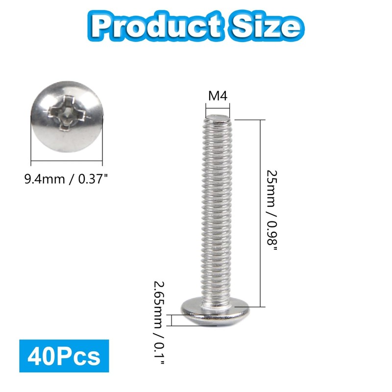 Yinpecly 40Pcs M4 x 25mm Truss Head Machine Screws for