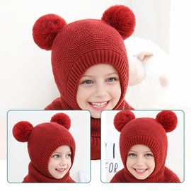 Rayson Winter Toddler Girl Boy Hat Knit Scarf Hat Fleece Pompom Hat Scarf Set for Baby Children 2-5 Years(Claret,One Size)