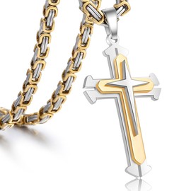 Trendsmax Mens Cross Pendant Necklace Stainless Steel Gold Silver Byzantine Chain 24inch