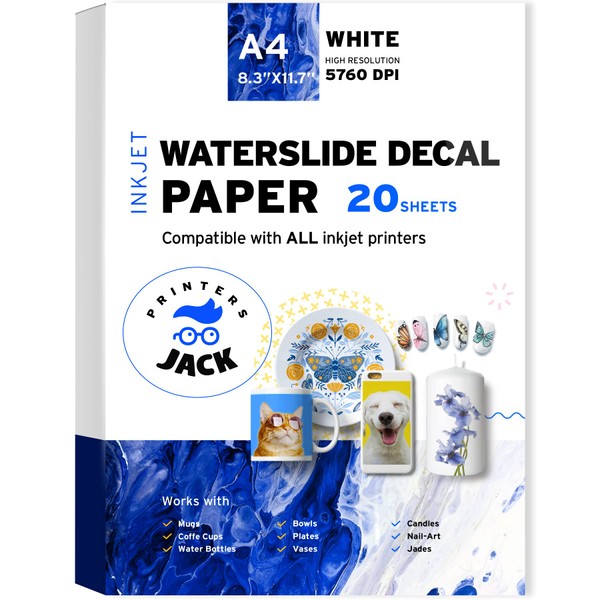 Printers Jack Water Slide Decal Paper Inkjet WHITE 20 Sheets A4 Size Premium Water-Slide Transfer Paper Printable Water Slide Decals for Tumblers, Mugs, Glasses DIY