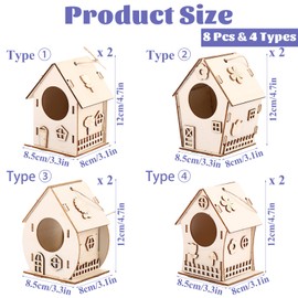 ZOFUN 8 Pcs Bird Houses, 4 Kinds Bird Boxes with Twine and Glue, Wooden Build and Paint Birdhouses, Draw Board Bird Nest Boxes for Easter Wood Arts and DIY Crafts Projects, Wild Birds
