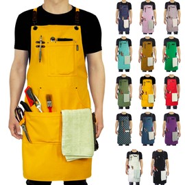 Stenffy Handmade Work Apron,Cotton Canvas,Multiple Pockets,Adjustable Cross Back Weight Apron,BBQ,Cafe,Kitchen,Painting,Carpenter,Artist Apron,Aprons for Men,Women,Sizes M to XXL,Yellow