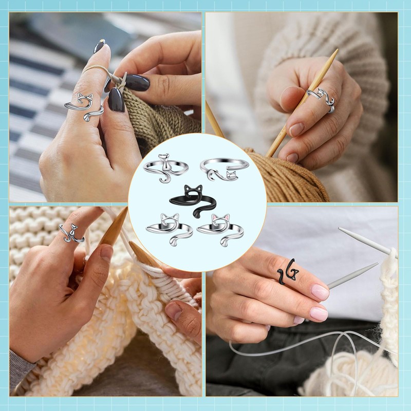 MARFOREVER 5 Pcs Crochet Rings Cat Crochet Tension Ring, Adjustable