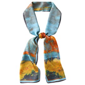 Camilife Women's Girls Faux Silk Long Narrow Scarf Neckerchief Elegant Tie Scarf Hair Band Hair Accessories Belt 15 x 150 cm, D Landscape Oil Painting Pattern (15×150cm)