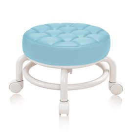HPONQIONE Round Rolling Low Stool- PU Leather Low Stool 360° More Comfortable Swivel with Thickened Sponge Cushion for Nail Salon, Pedicure, SPA and Home (Blue)