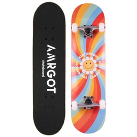 Amrgot Skateboards for Beginners,31 * 8 inches Complete Skateboards for Kids,Boys,Girls and Adults,7 Layer Maple Wood,Double Kick Deck Concave Standard and Tricks Skateboard (RainbowFlower)