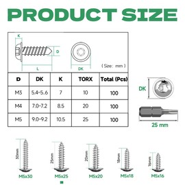 Jyvex Pack of 100 self-tapping screws stainless steel M5 x 25 mm, self-tapping screws with disc, A2 V2A Torx screws, full thread, wood screws, flat head screws with T25 drill