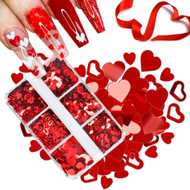 Mesiyun 3D Nail Art Heart Red Sequin Valentine's Day Holographic Laser Romantic Stickers Nail Art Glitter Decoration Decals for Woman Girl 6 Grids