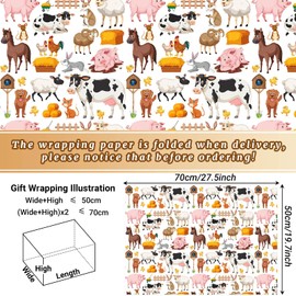 Bolsome 12 Sheets Red Barn Farm Animal Wrapping Paper Barnyard Gift Wrap Folded Wrapping Paper with Cow, Horse, Sheep, Goat, Pig, Duck, Chicken Pattern(20 inch x 28 inch sheet)