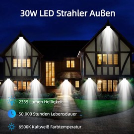 Wegoodlife 30 W LED Outdoor Spotlight, Super Bright 2335 LM Spotlight, 6500 K Cool White Outdoor Spotlight, IP66 Waterproof LED Floodlight, 50 cm Cable, No Plug, Outdoor Spotlight for Backyard,
