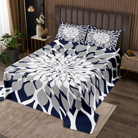 Homemissing Grey Navy Blue Flower Bedspread King Size Bohemian Style Exotic Floral Decorative Quilted Coverlet Boys Girls Modern Striped Art Coverlet Set Luxury Geometry Quilted