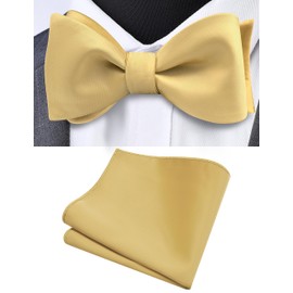 GUSLESON Mens Gold Self Tied Bow Tie Satin Silk Light Yellow Retro Bow tie Handkerchief Set for Wedding (0685-07)