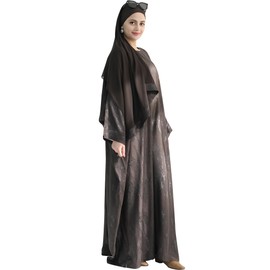 Zofocy Elegant Eid Clothes Women Muslim Glossy Batwing Sleeve Abaya Ramadan Prayer Dress with Belt
