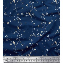 Soimoi Blue Velvet Fabric Branches,Leaves & Bird Fabric Prints by Yard 58 Inch Wide