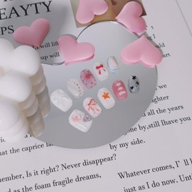 UNIYVOH Medium Square Press on Nails French Tip Handmade False Nails with Designs/Charms, Y2k Short Coffin Reusable Fake Nails (Bowknot Pink, XS)