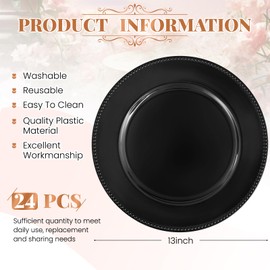 24 Pcs Black Charger Plates Bulk, 13" Round Beaded Plate Chargers for Dinner Plates, Decorative Dinner Chargers Plastic Table Chargers for Wedding Holiday Party Baby Shower Event Decoration (Black)