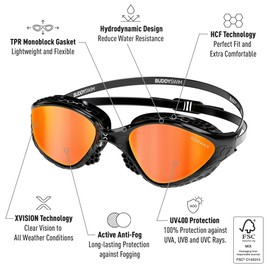 BUDDYSWIM Swimming Goggles OzeanX, Antifog with Panoramic XVISION Lenses. Protection UV400. Hydrodynamic Fit. Swim goggles adult for Open Water and Pool Swimming. Black/Orange