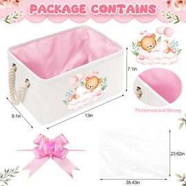 Pickmesh Rectangular Baby Storage Basket with Gift Bags Ribbons Collapsible Large Canvas Storage Bin with Handles for Organizing Toy Home DIY Gift Basket for Baby Shower Birthday Party(Pink Bear)