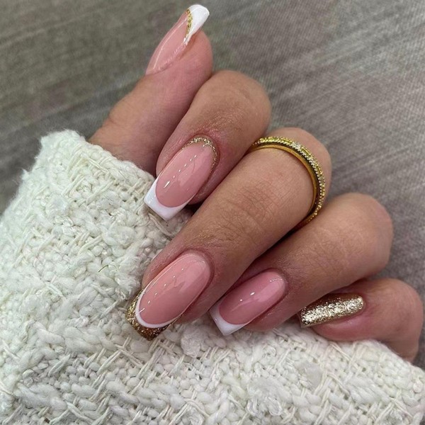 Pack of 24 Short Square False Nails French Tip Stick on Nails Glitter Gold White Edge Press on Nails Removable Nails for Sticking Full Cover Acrylic Fake Nails Women Girls Nail Art